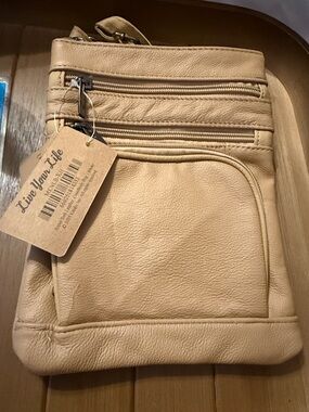 NWT Krediz Genuine Leather Crossbody Bag – Khaki/Tan – Multi-Pocket Organizer